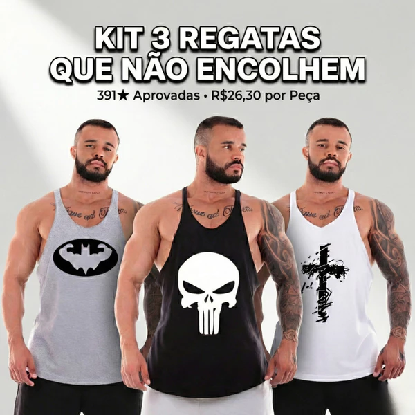 Kit 3 Camisetas Regatas Masculina Cavada Estampada Treino Academia Musculação