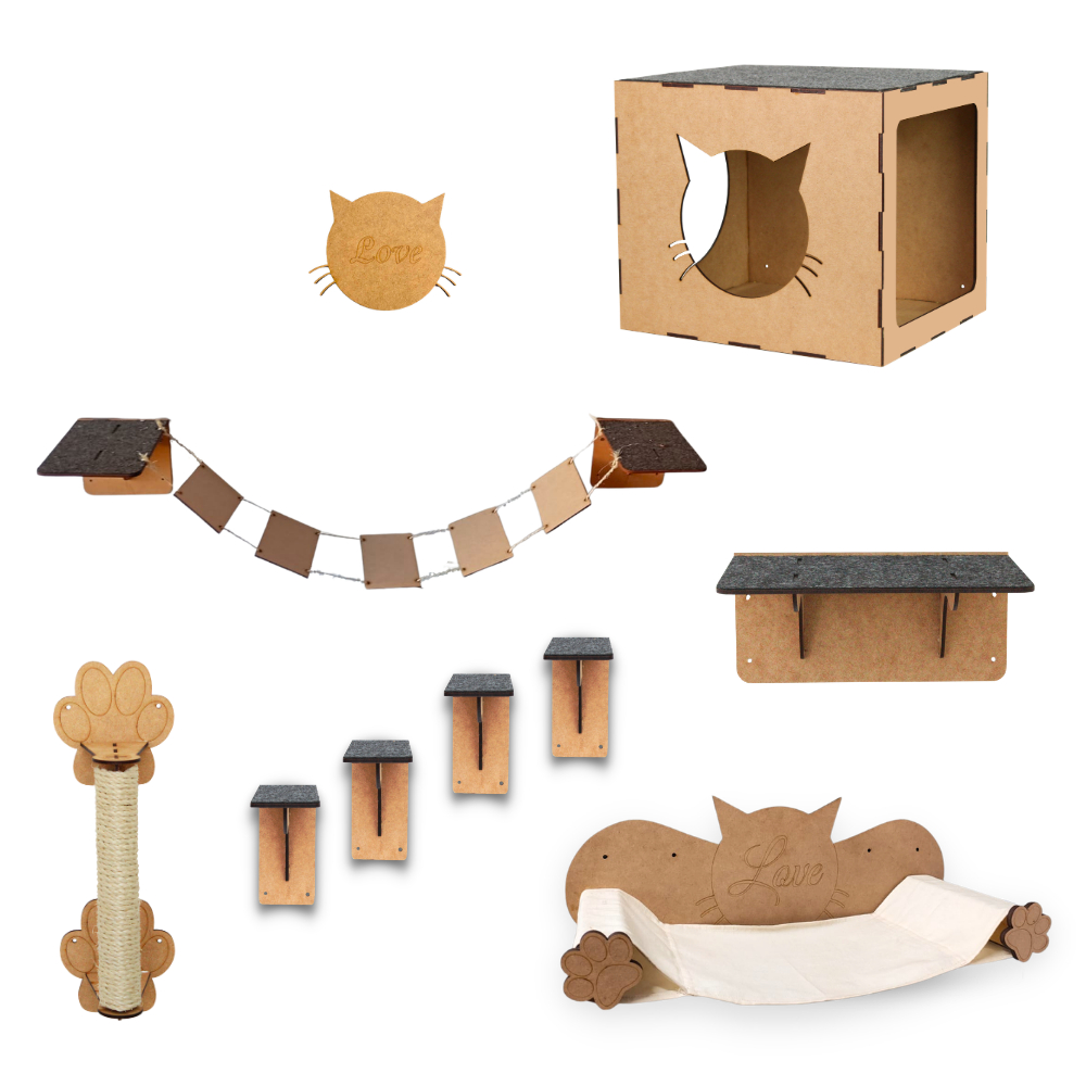 Kit Playground Gato 9 peças Brinquedo para Gatos Rede Escada Prateleira Nicho Ponte em Mdf