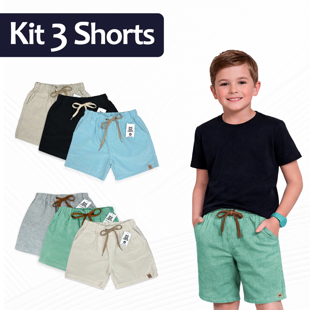 Kit 3 Bermuda Linho Infantil Juvenil Short Estilo Mauricinho Premium 02 ao 16 em Oferta na Shopee