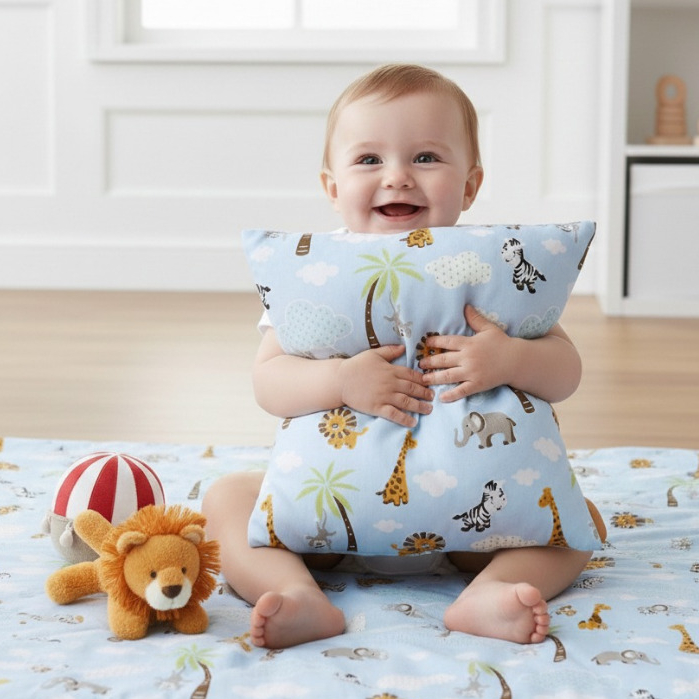 TRAVESSEIRO PARA BEBÊ INFANTIL IDEAL PARA BERÇO E CARRINHO 100% ALGODÃO COM SILICONE PURO SFARI AZUL