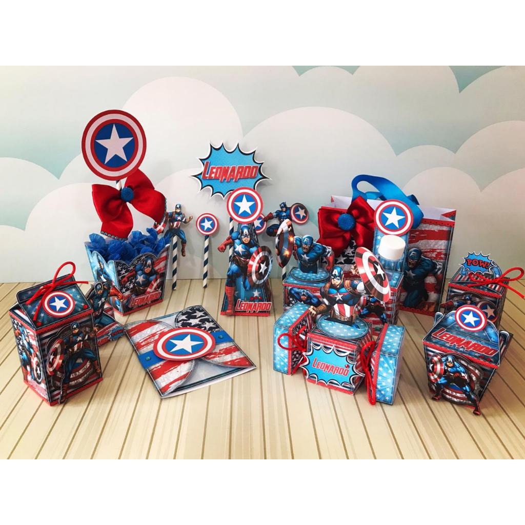 Kit Festa Capitão América Caixa Milk Pirâmide Caixa Bala Cubo Capitão América Lembrancinha Aniversário