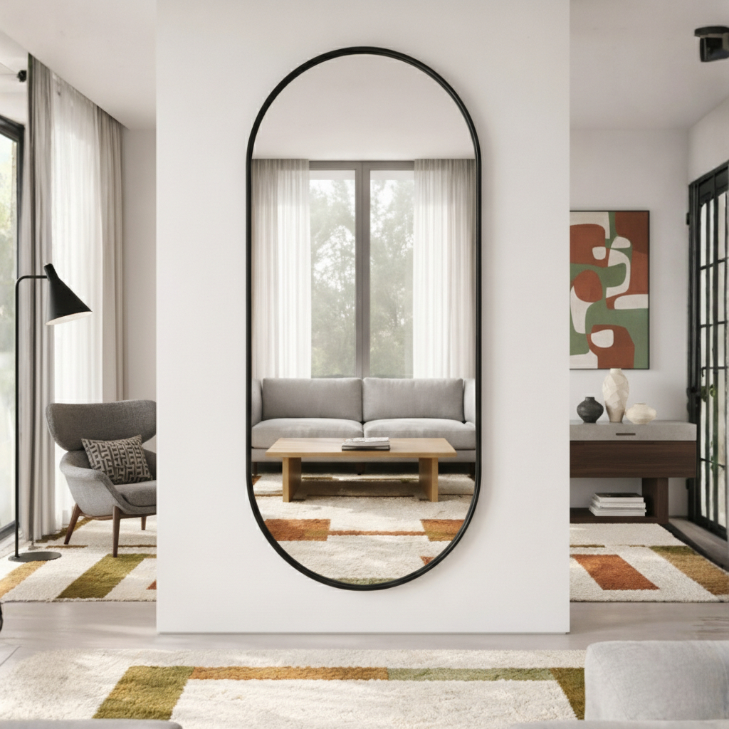 Imagem Espelho Oval Grande Corpo Inteiro 170x70cm Com Moldura Alumínio Para Quarto Sala Decorativo