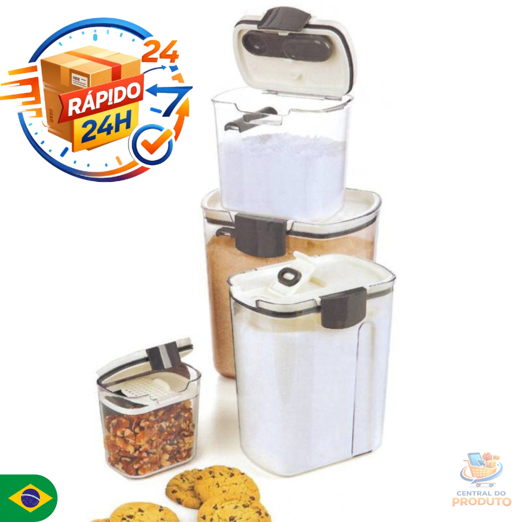 Kit 4 Potes Hermético Plástico Organizador Alimentos Mini Dispenser Açucareiro Grãos Tempero Higiene