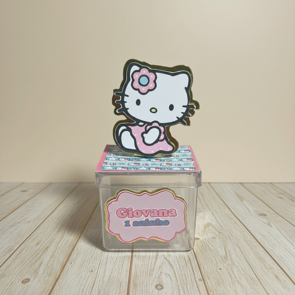 Caixa Acrilica 5x5 Personalizada Aplique 3D Hello Kitty | TODOS OS TEMAS | Lembrancinha | Aniversário | Decoração