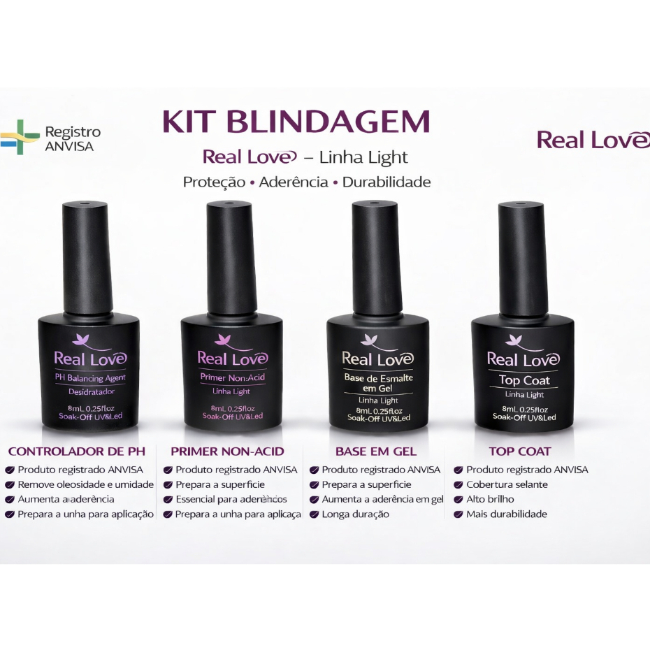 Preparadores de Unha Em Gel Real Love 8ml -Kit Blindagem Primer Base em Gel Top Coat PH Desidratador