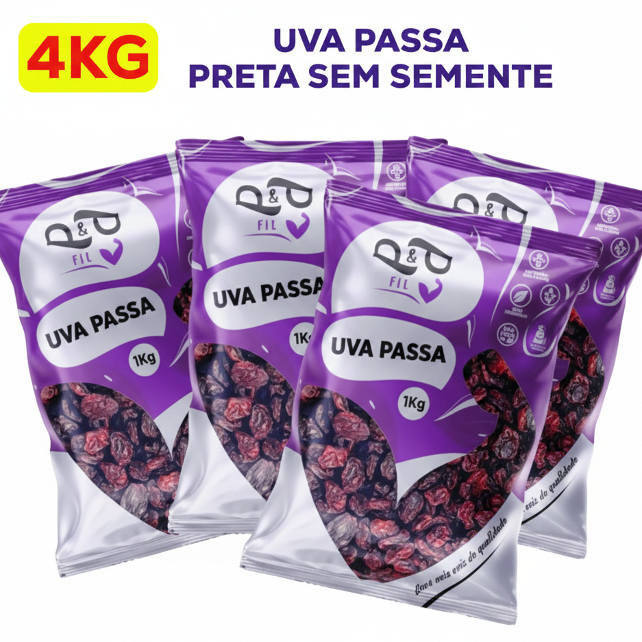 Kit Uva Passa 4kg ou 3Kg Preta Sem Semente - P&P