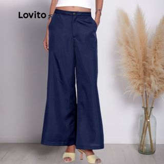Lovito Calça Alfaiataria Marinho com Bolsos Wide Leg Moda Chic Feminina BRPTB503BRL533