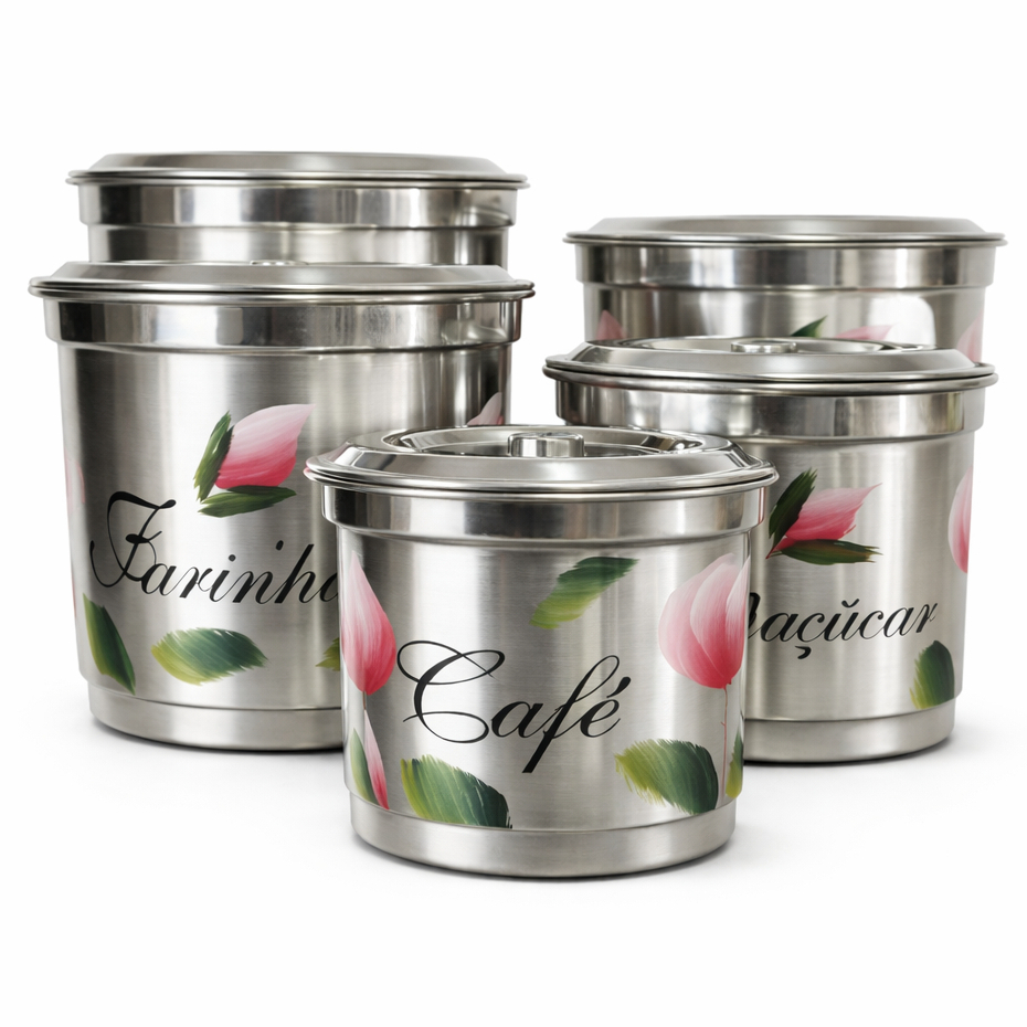 Jogo De Mantimentos 5 Peças Pote Alumínio Kit Lata Decorado Porta Alimentos Para Cozinha em Oferta na Shopee