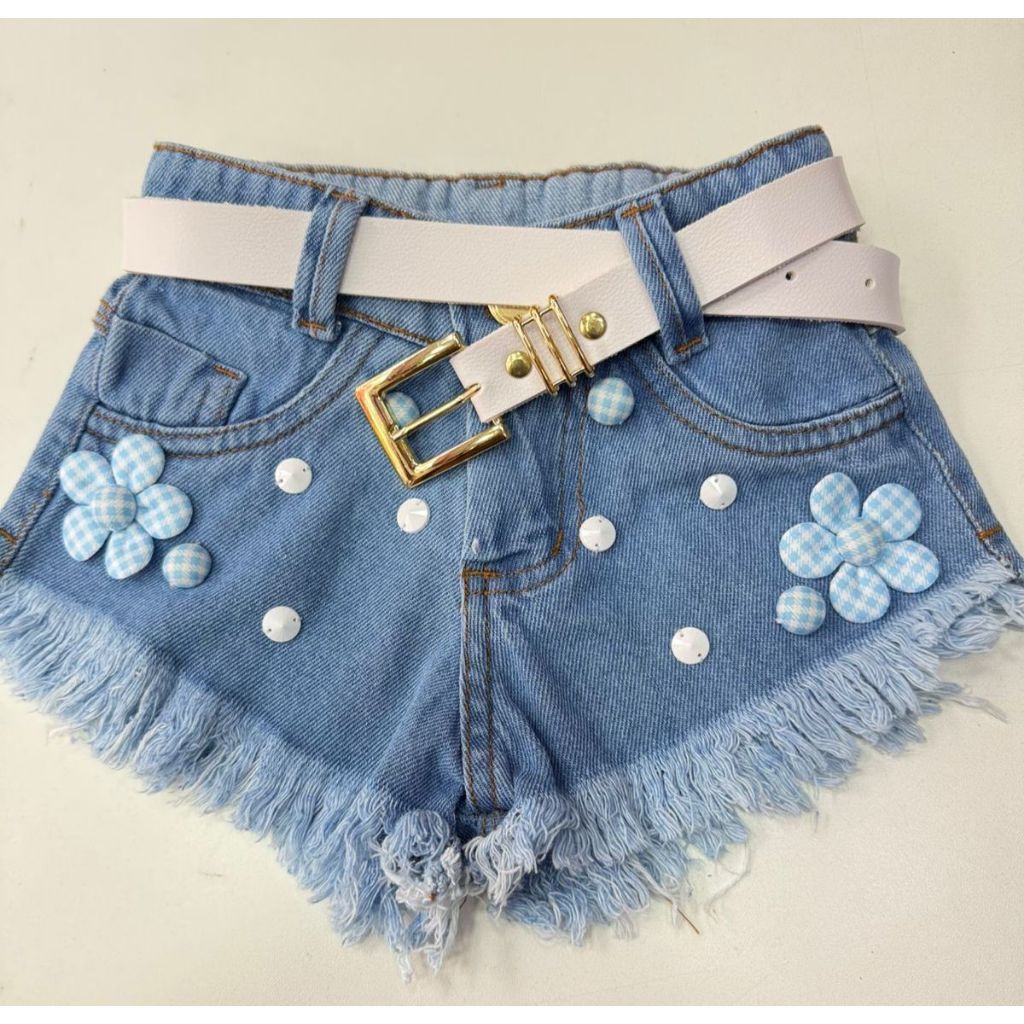 Krica Kids - Short Jeans Infantil Menina Com Cinto Aplique Flor