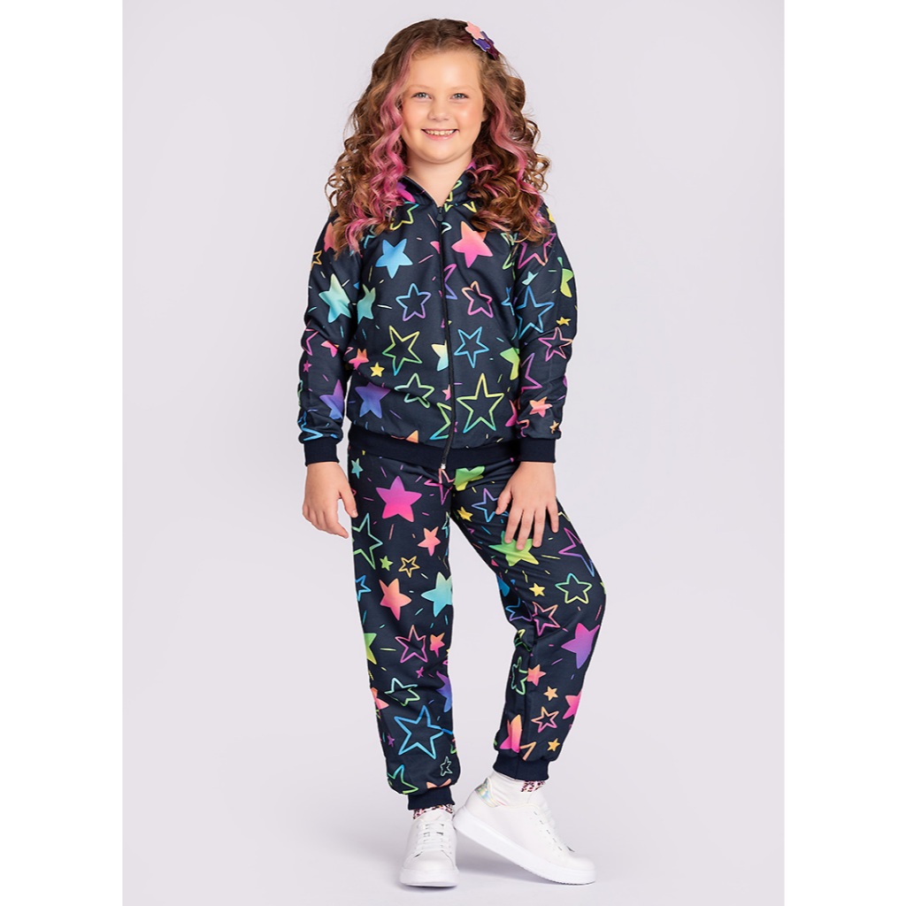 Conjunto Inverno Menina Jaqueta com Capuz e Calça em Moletom Estrelas