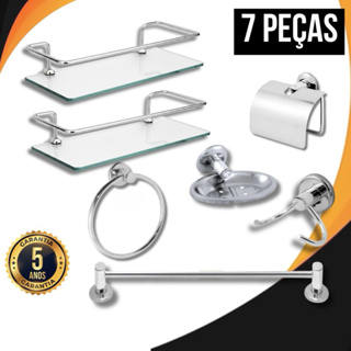 Kit Acessorios Para Banheiro Aco Inox 5 Pecas + 2 Porta Shampoo Prateleira Vidro Reto Cromado em Oferta na Shopee