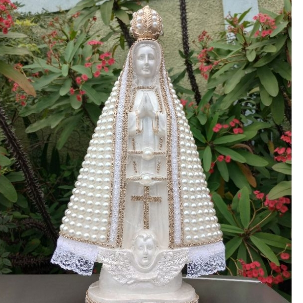 Imagem De Nossa Senhora Aparecida 40cm/Gesso Com Pérolas Bege
