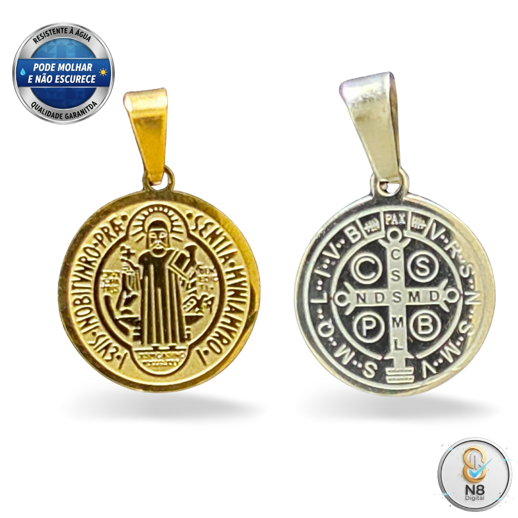 Pingente São Bento Proteção Dupla Face 1,5cm Aço Inox 316L Prateado/Dourado Pode Molhar Não Escurece