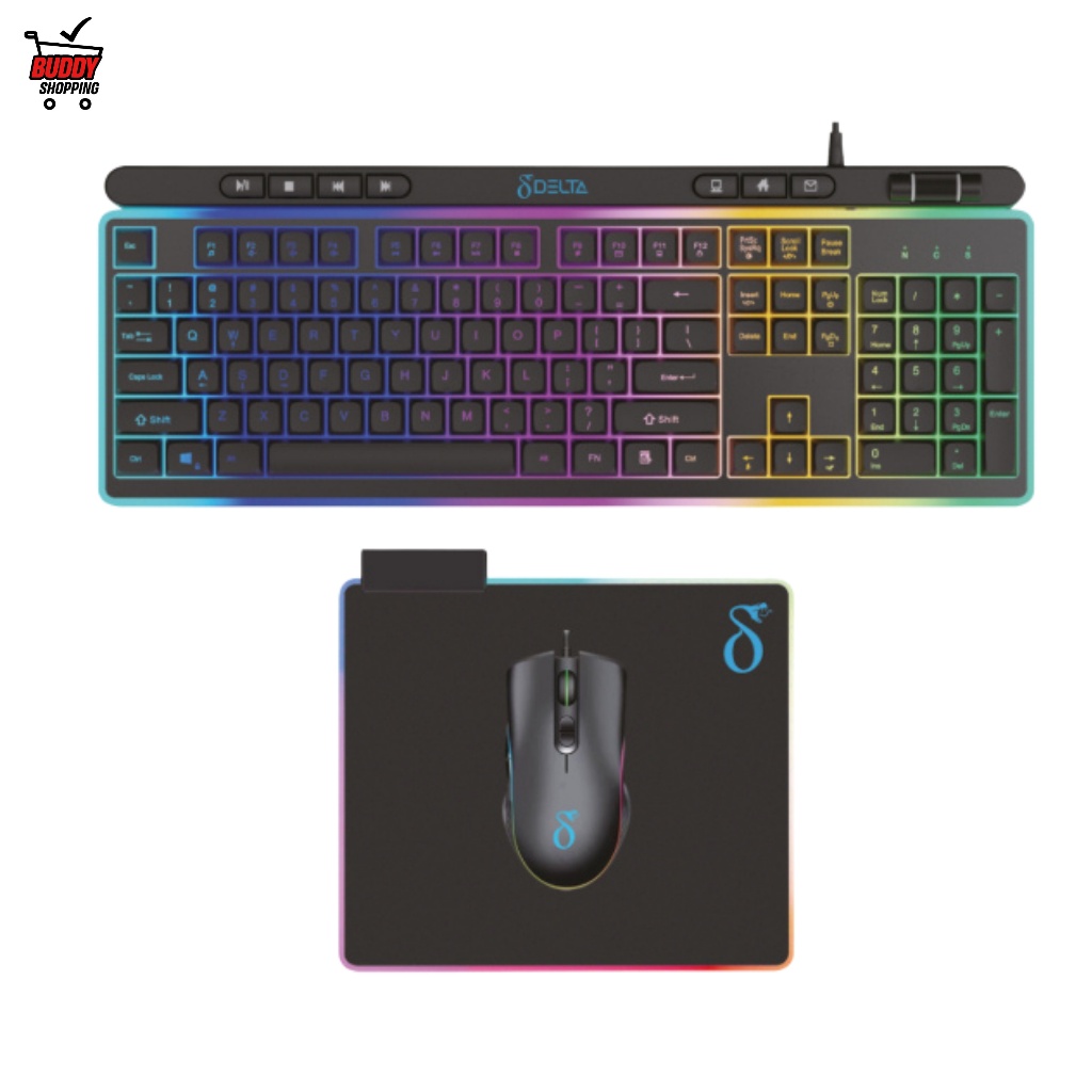 Kit Gamer RGB Delta Gaming Teclado Membrana ABNT2 Mouse 12800 DPI Mousepad RGB LED DELTA-VK0301