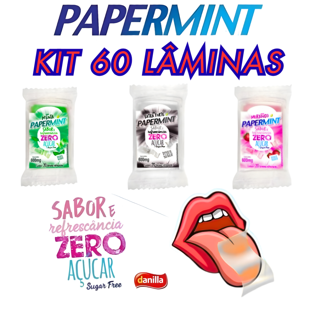Kit 3 Papermint Zero Açúcar 20 Lâminas Refrescantes Comestíveis Cada Pacote / Menta, Morango e Extra Forte