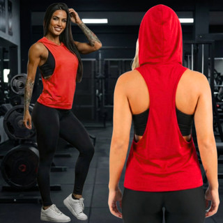 Camiseta Regata Cavada Academia Feminino Capuz Camisa Mutante Fitness
