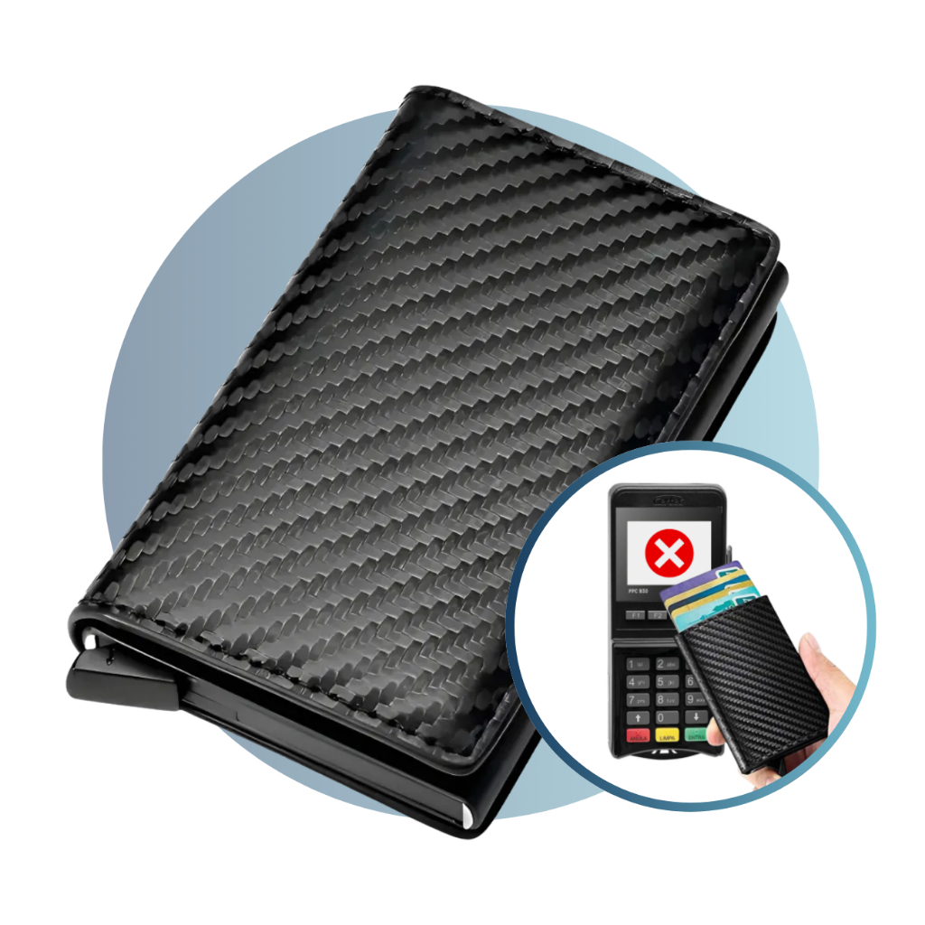 Carteira Porta Cartaõ Rfid Antifurto Fibra de Carbono com botão ejetor de Cartões