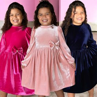 VESTIDO INFANTIL MENINA MANGA LONGA  INVERNO VELUDO PLUSH LUXO PERFEITO PARA FESTAS, IGREJAS  ROUPAS DE INVERNO em Oferta na Shopee