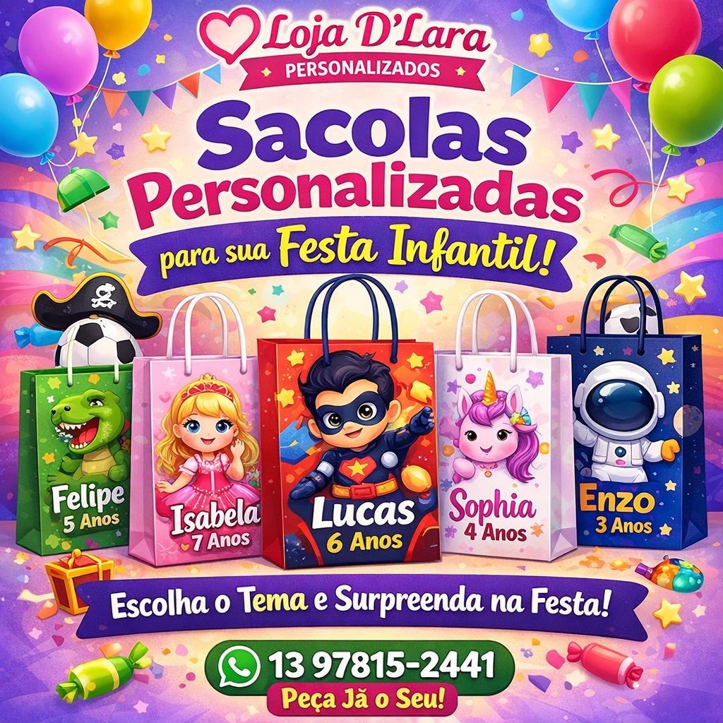 Sacolinhas Personalizada VÁRIOS TEMAS para lembrancinha festa de aniversário - CONSULTE O SEU TEMA