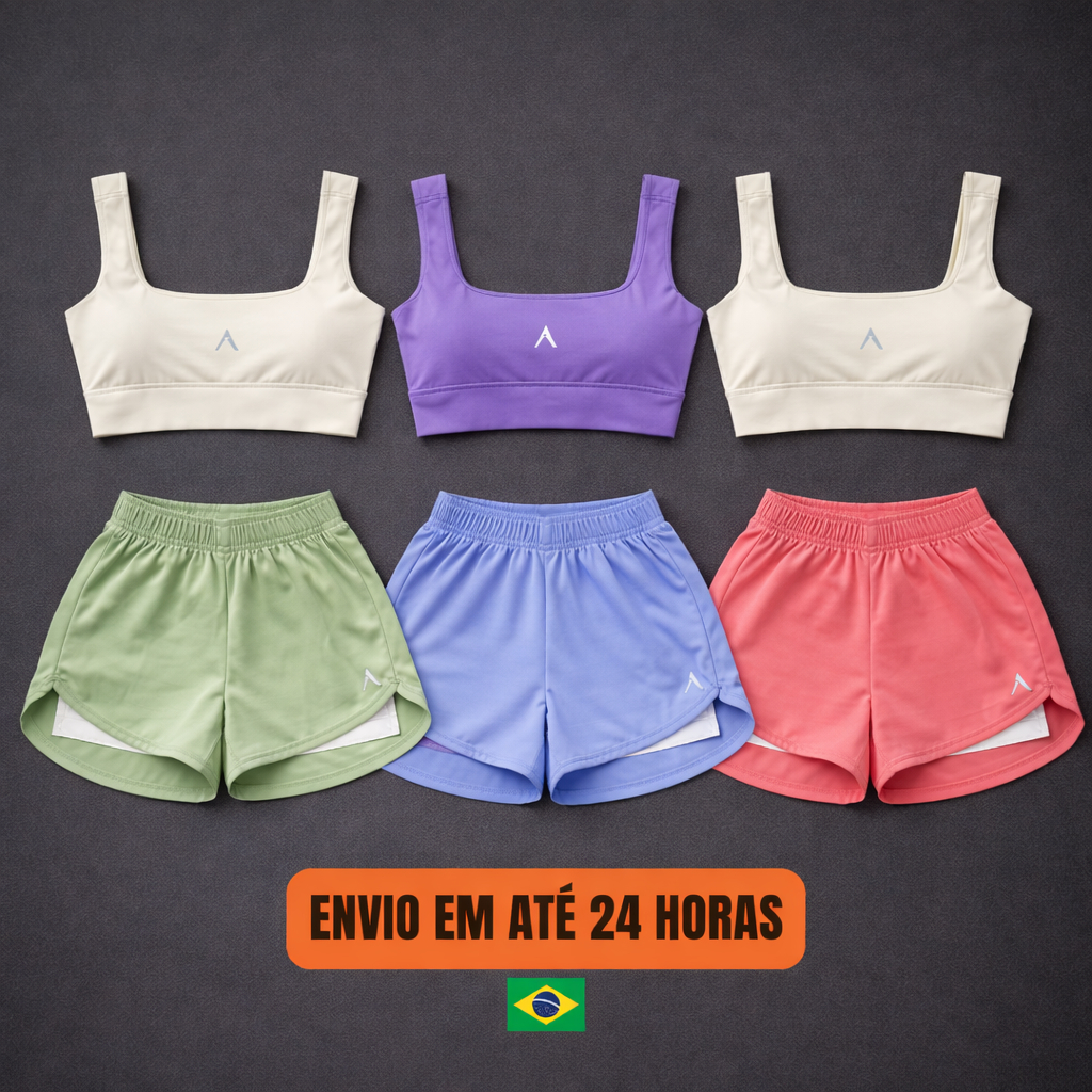 Conjunto Short Duplo Fitness Feminino Top com Bojo Premium Poliamida Tactel Academia Corrida Cintura Alta