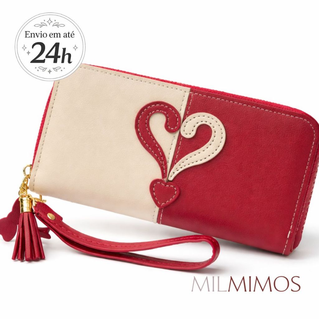 Dia das Mães I Carteira Feminina Vermelha Coração Moderna Porta Cartão Moedas Zíper Presente