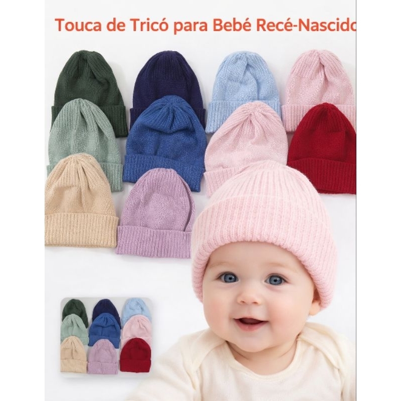 Touca de Tricô para Bebê Recém Nascido - Até 3 Meses / Antialérgica