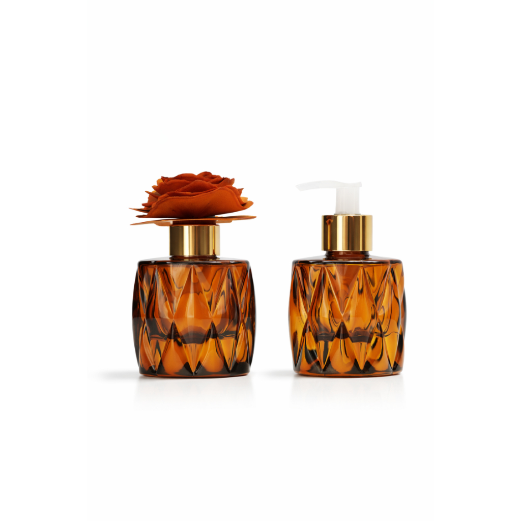 Kit Lavabo Luxo 80ml Âmbar Vidro Texturizado | Saboneteira + Difusor com Varetas