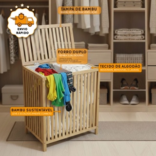 Cesto De Roupa Suja Bambu Ripado Tampa Natural Com Forro Duplo Removível Lavável em Oferta na Shopee