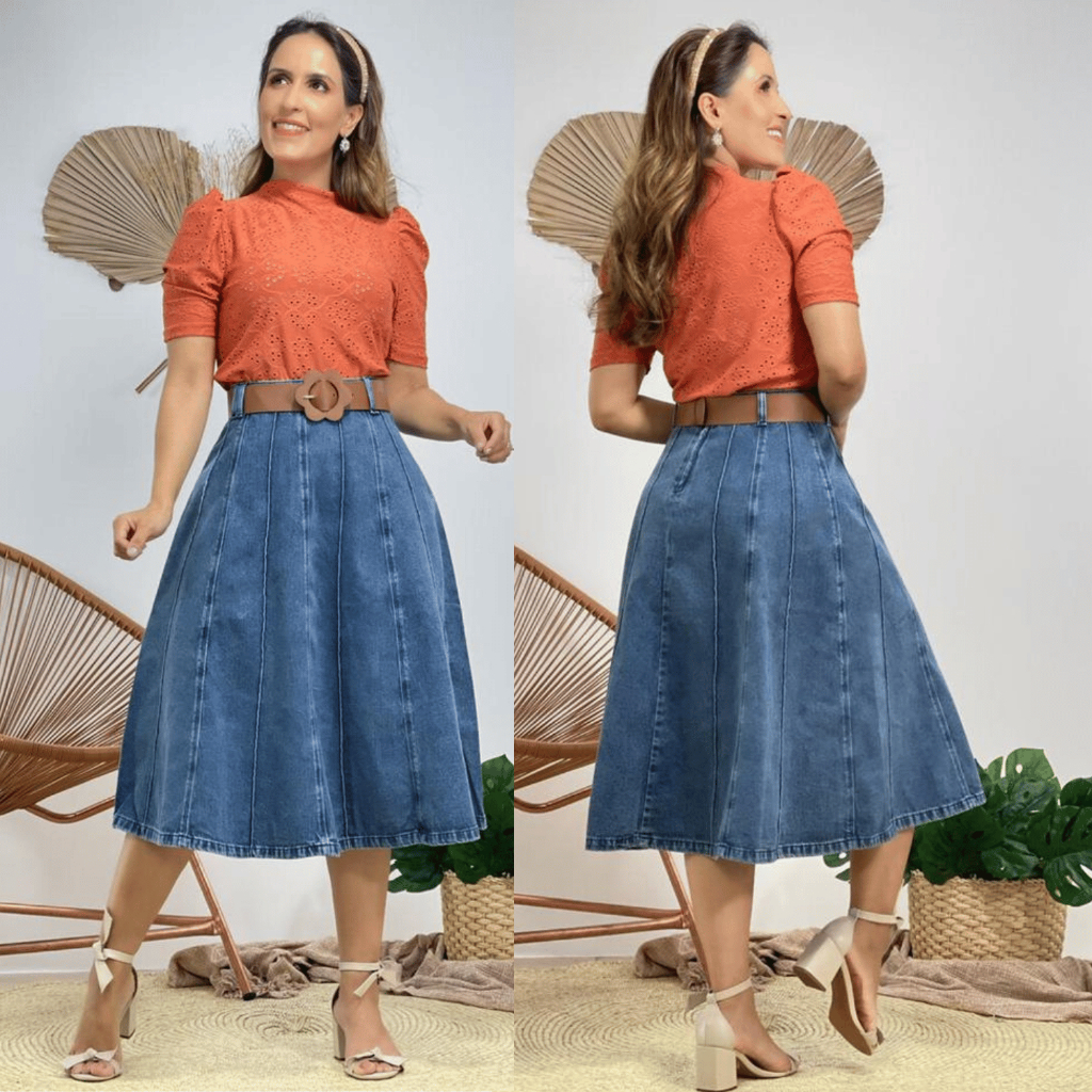 Saia Jeans Feminina Rodada Midi Elegante Premium 100% Algodão Moda Evangélica Modeladora em Oferta na Shopee