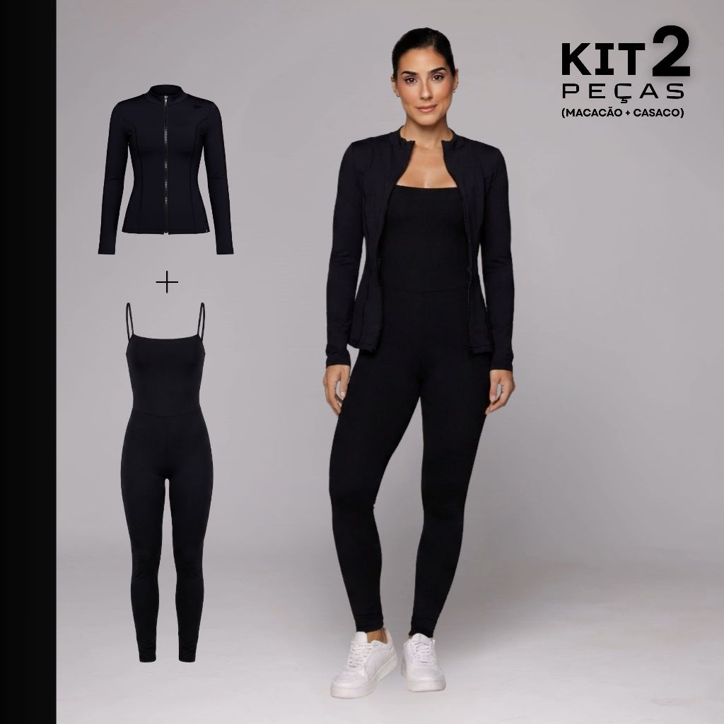 Kit Corrida Academia Macacão Fitness Esportivo Costas Abertas + Casaco com Zíper Feminino Poliamida
