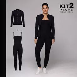 Kit Corrida Academia Macacão Fitness Esportivo Costas Abertas + Casaco com Zíper Feminino Poliamida