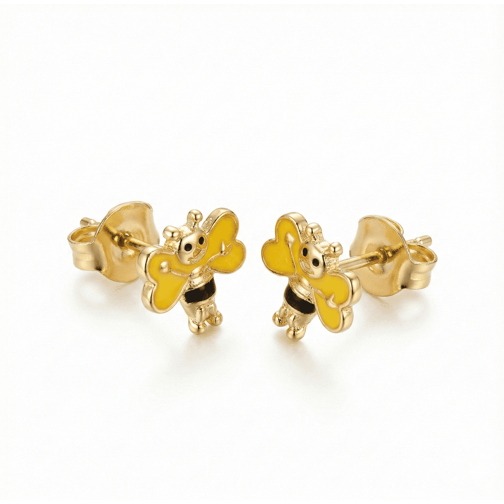 Brinco Abelha Resina Amarelo Infantil com Tarraxa Bebe banho Ouro Plaque Antialergico ate 10 anos semi joias premium 18k
