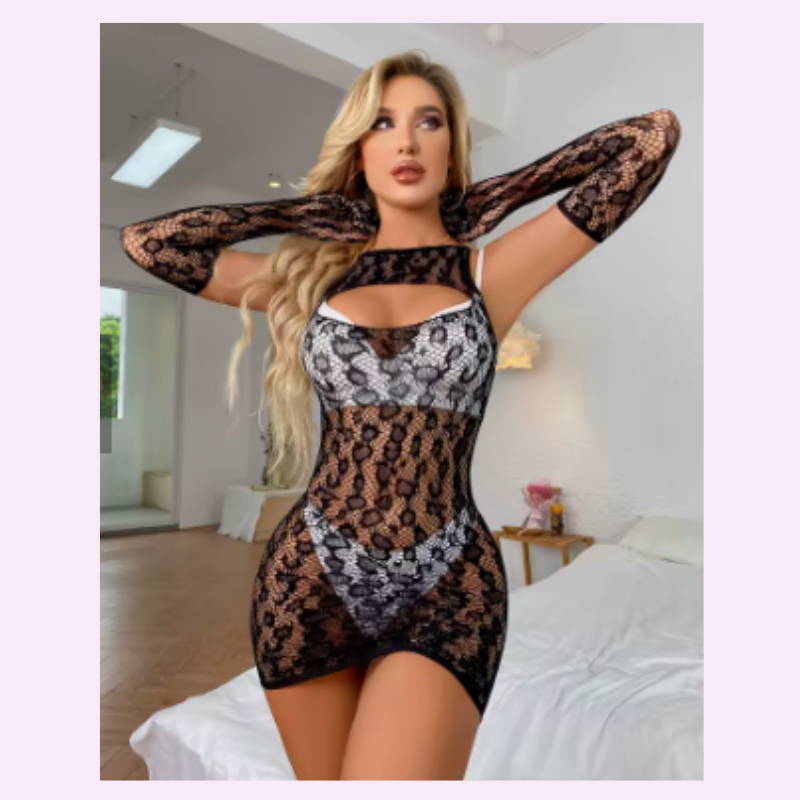 Vestido Sexy arrastão com Brilho Feminino Arrastão Renda  Manga Curta + Luva Sensual Pink Baby sexy 9000