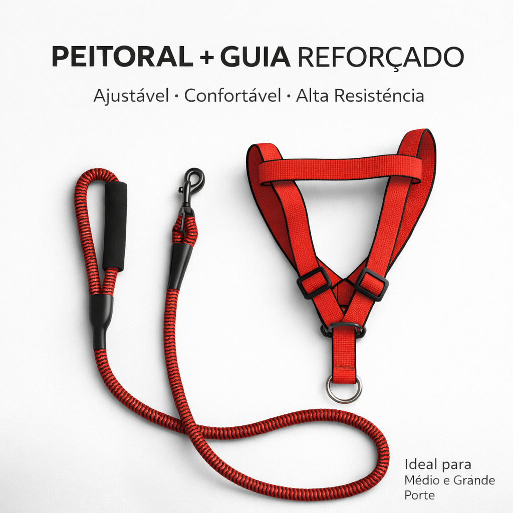 Peitoral com Guia Material Reforçado Ajustável Confortável para Pet Cães de Medio a Grande Porte