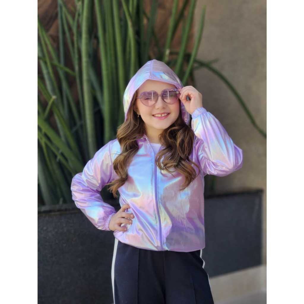 Jaqueta Infantil Juvenil Bomber Holográfica Corta-Vento com Capuz - Tam 02 ao 12