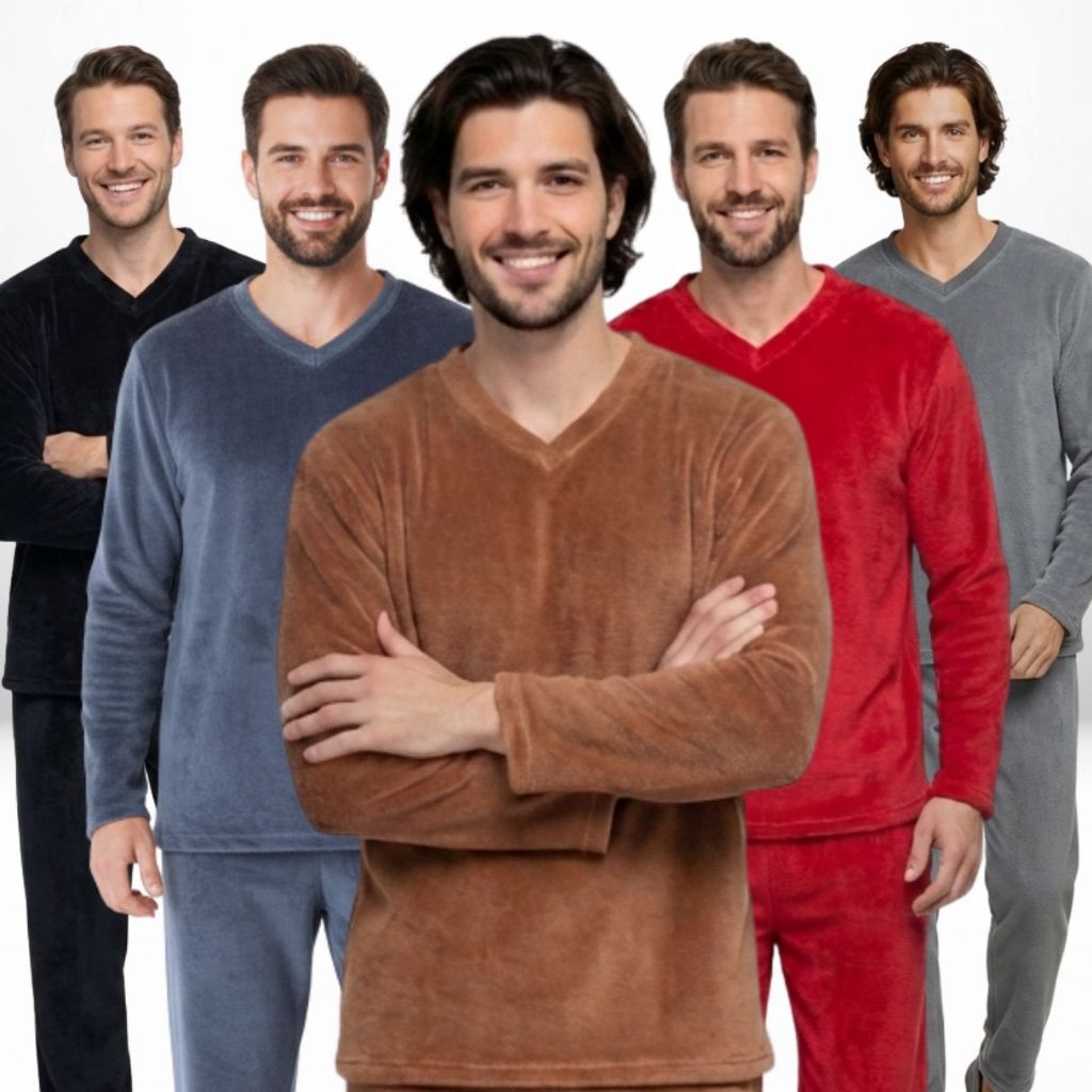 Pijama Masculino Fleece 180g Peluciado Liso Quentinho Gola V para Inverno