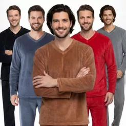Pijama Masculino Fleece 200g Peluciado Liso Quentinho Gola V para Inverno
