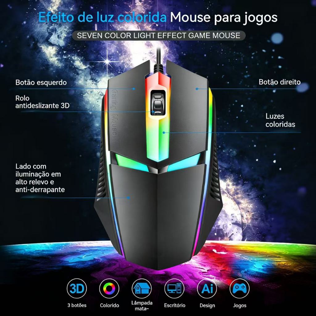 Mouse Gamer Óptico com Fio RGB - 3200 DPI, Ergonômico para PC e Videogame