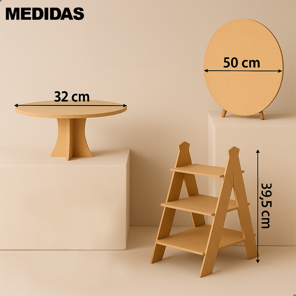 Kit Mini Festa MDF Cru Decoração Mesa - Boleira, Escadinha e Painel Redondo para Doces e Eventos