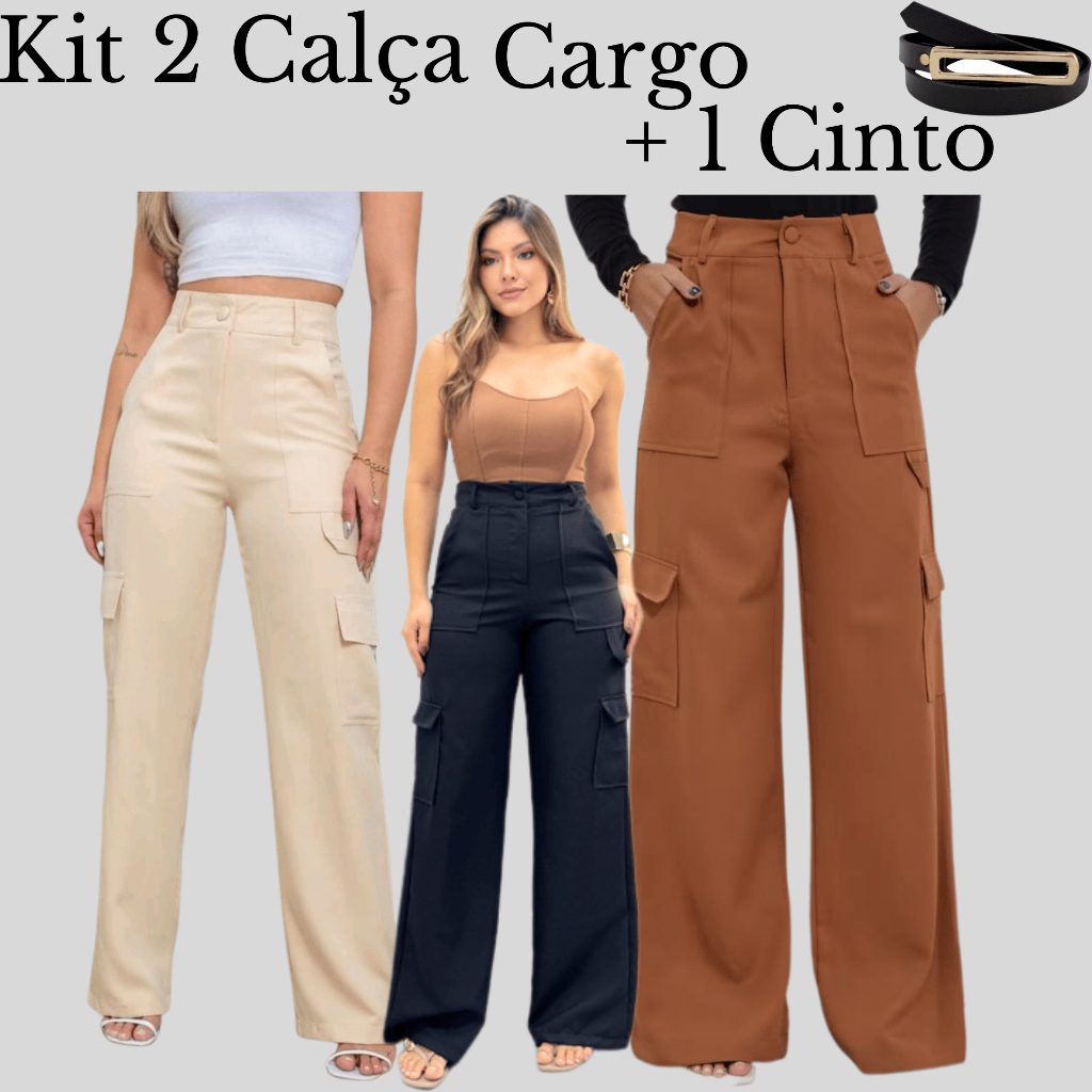 Kit 2 Calça Cargo Alfaiataria Inverno ACOMPANHA CINTO em Oferta na Shopee