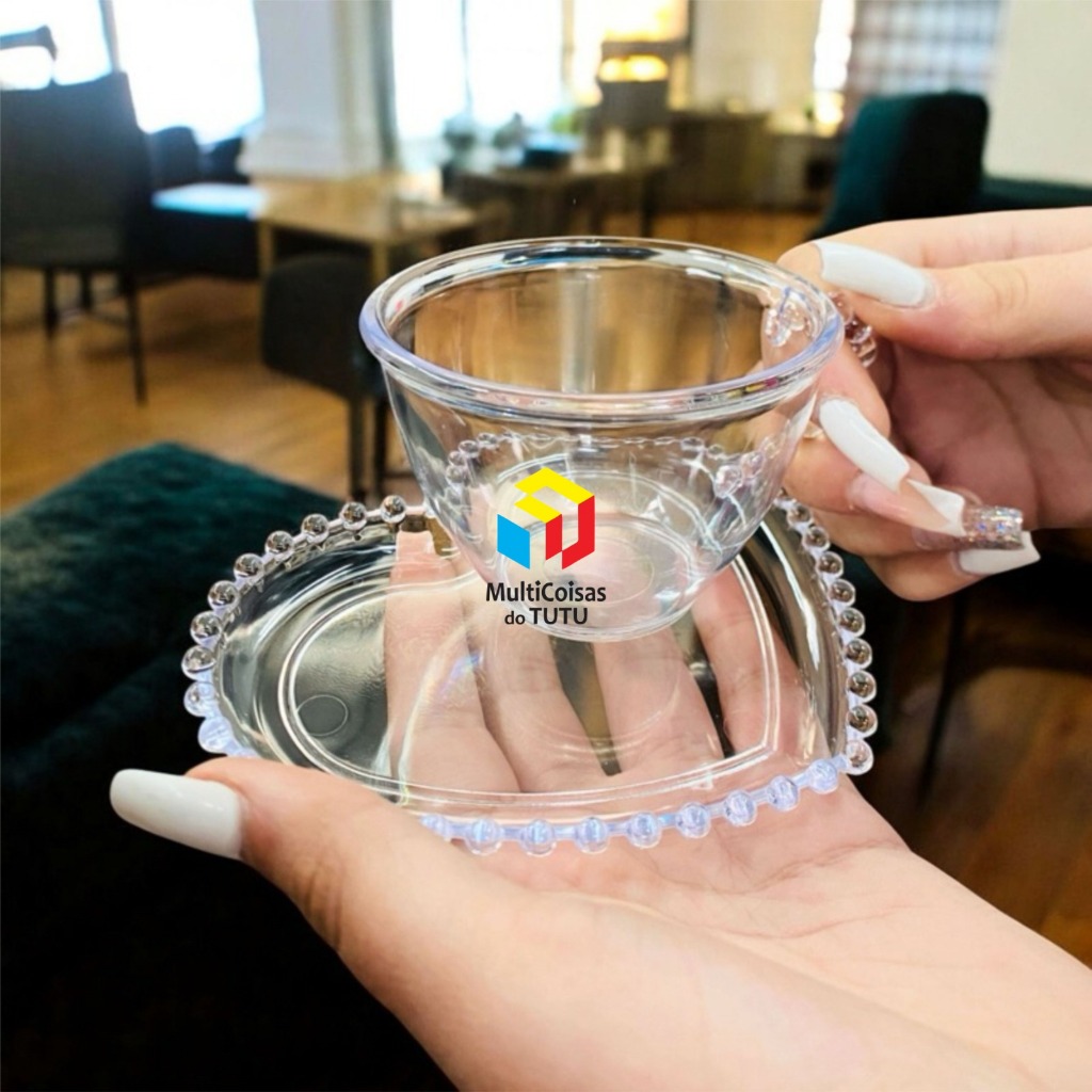 Jogo de 25 Xícaras e Pires Coração Acrílico Ideal para seu café ou chá da tarde com Alça Decorada