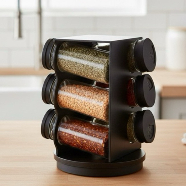 Porta Temperos Giratorio Cozinha Organizador Com 6 Potes 80ml Preto Armazena Sal Pimenta Resistente Fácil Limpar