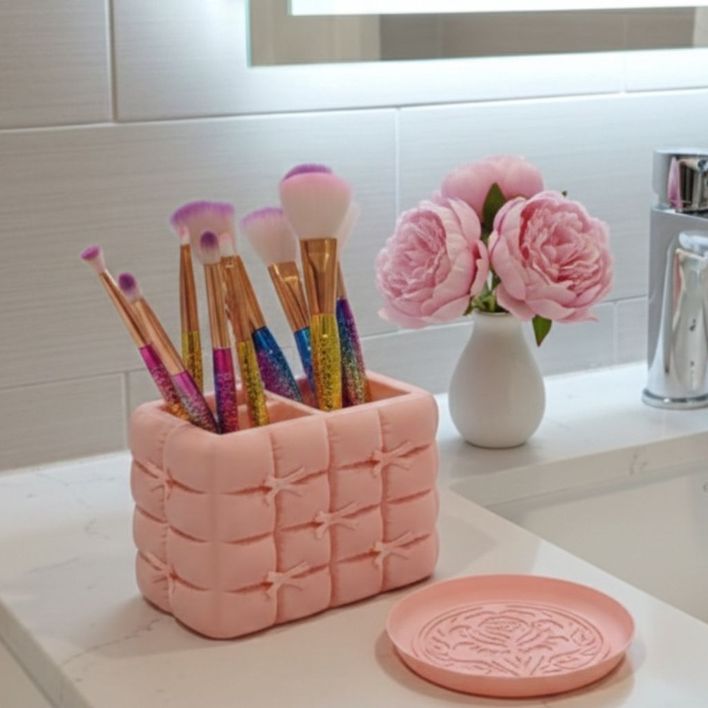 organizador acolchoado Porta Pincéis maquiagem + Bandeja rosa Limpa Pincéis porta joias