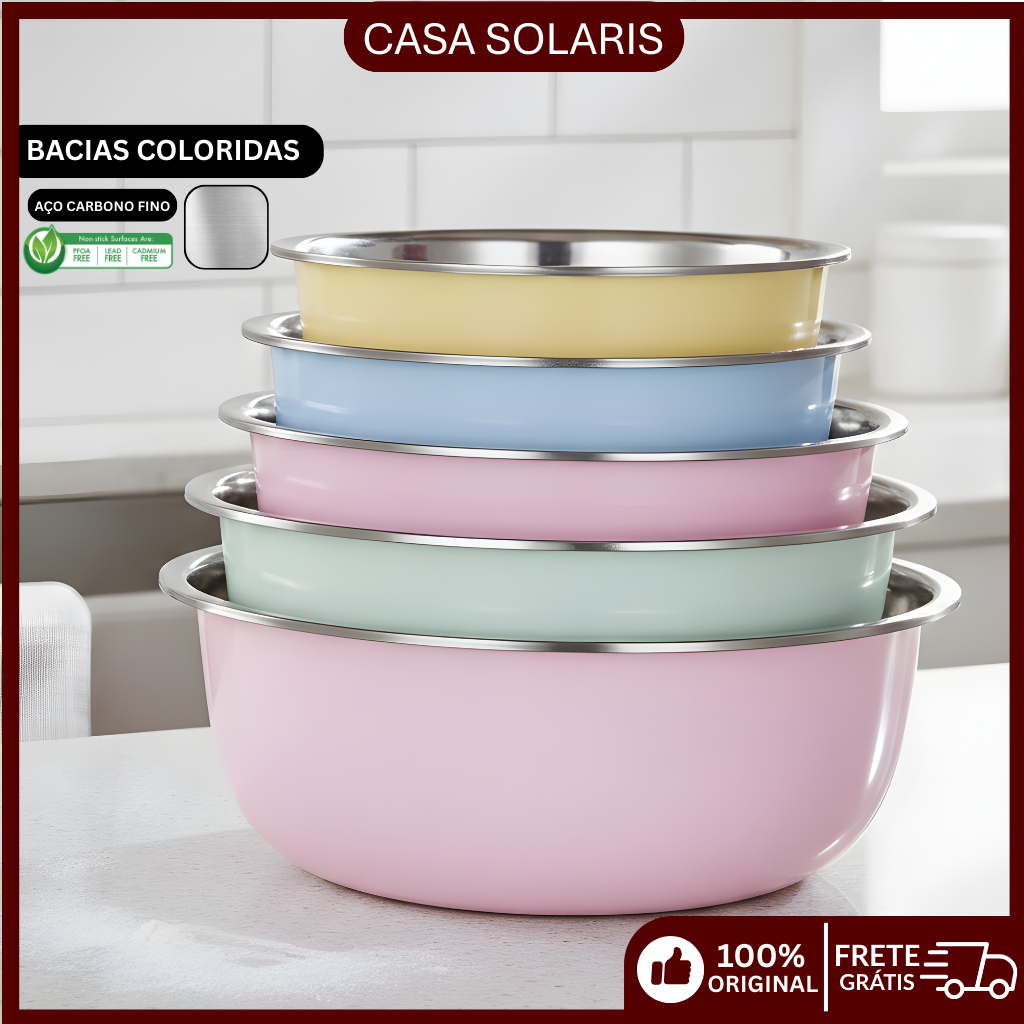 Bacia Inox Colorida ou Prata Multiuso para Alimentos Frutas Legumes Cozinha Resistente Antiaderente