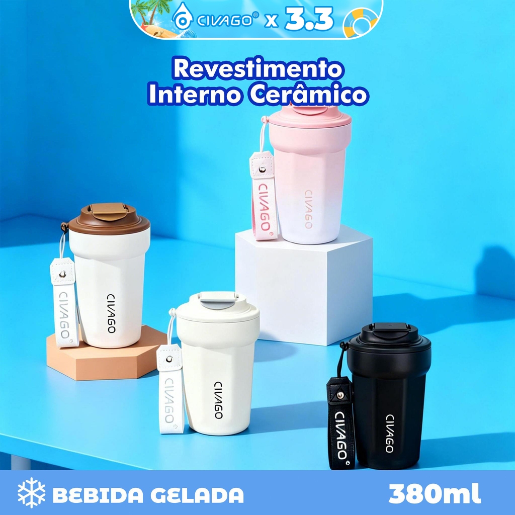 Civago Copo Térmico  380mL Garrafa Térmica Café Chá bebida gelada Revestimento Interno Cerâmico Com Tampa Quente/Frio em Oferta na Shopee