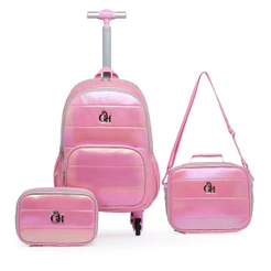 Kit Mochila Rodinha Rosa Lancheira Estojo Reforçado Escolar Feminina Resistente