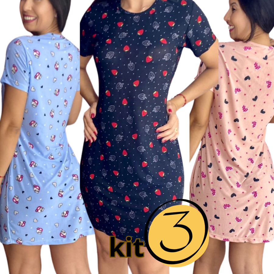 Kit com 3 Camisola Feminina Manga Curta Liganete Estampados Vestidinho Confortável Basico dia a dia Plus Size em Oferta na Shopee