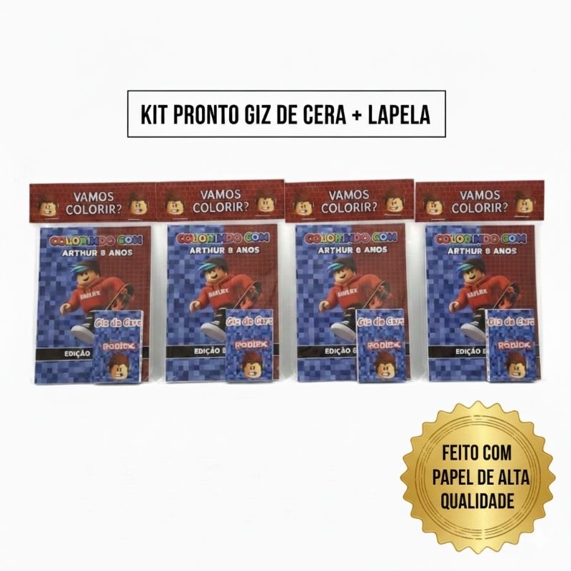 Kit Colorir Personalizado Roblox - Revista de Colorir + Giz de Cera - Lembrancinha Aniversário Infantil - 10 unidades