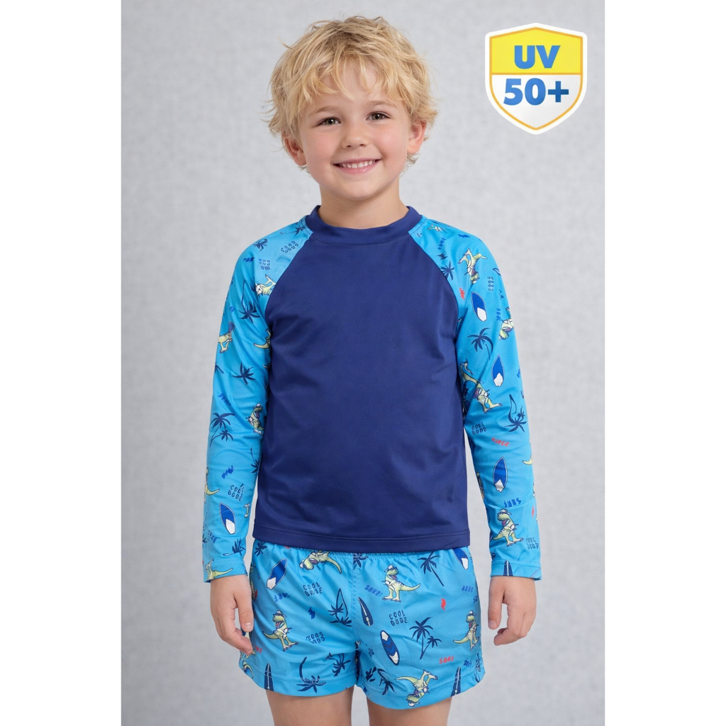 Conjunto Infantil Menino Moda Praia Com proteção UV 50+ de Dino 6/8/10/12 camisa e sunga
