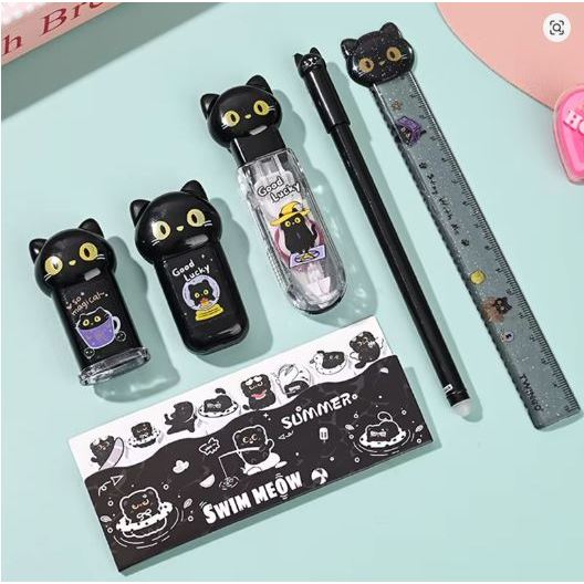 Kit Escolar Tema Gatinho Preto/Rosa Infantil Papelaria Completa Importado